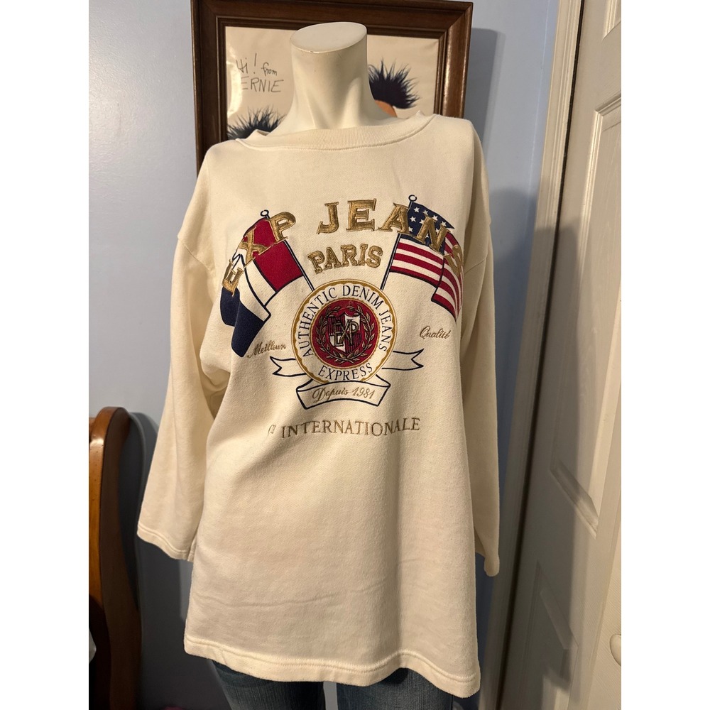 Vintage Express EXP Jeans Paris Internationale Sweatshirt Cream Embroidered XS